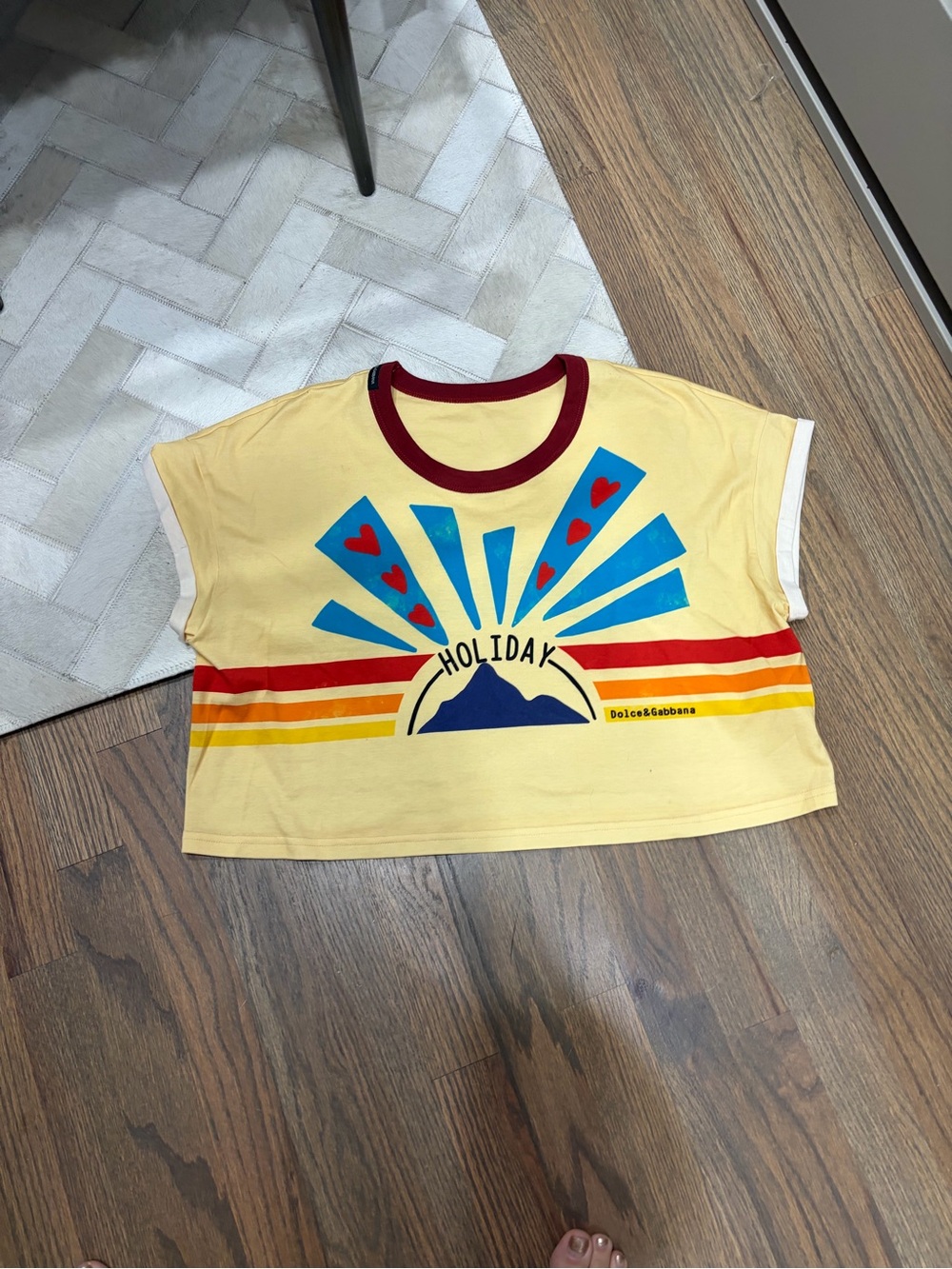 Dolce & Gabbana Yellow Graphic 'Holiday' Crop Tee with Blue & Red Accents